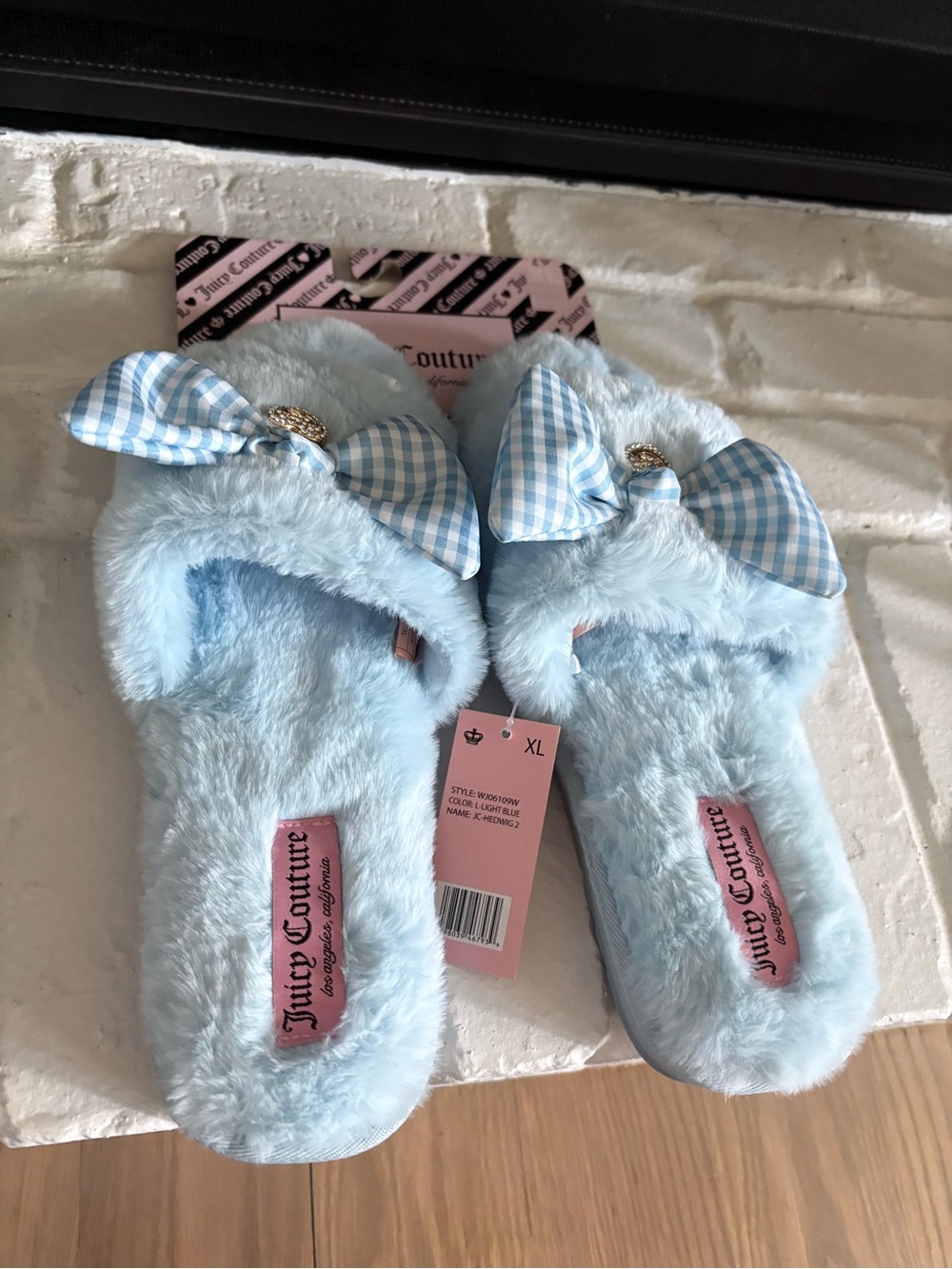 Juicy Couture Light Blue Fuzzy Slide Slippers with Bow SIZE XL